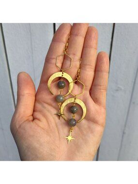 Geometric Crescent Moon Earrings with Labradorite Gemstone Beads Celestial Stars